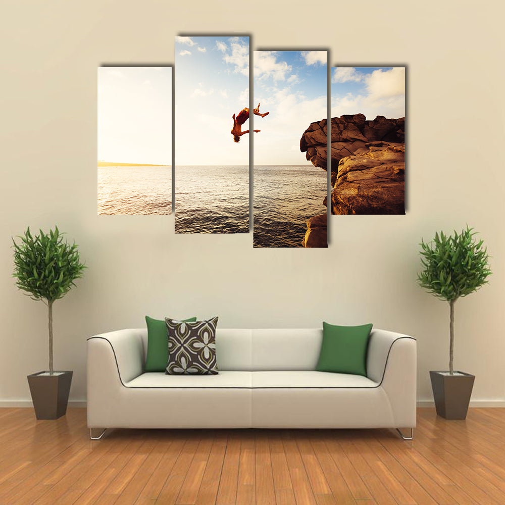 Cliff Jumping into the Ocean at Sunset, Outdoor Adventure Lifestyle Multi Panel Canvas Wall Art