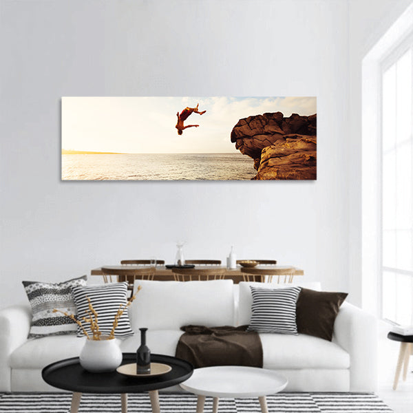 Cliff Jumping into Ocean at Sunset, Outdoor Adventure Panoramic Canvas Wall Art