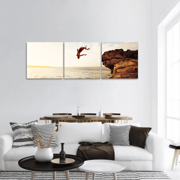 Cliff Jumping into Ocean at Sunset, Outdoor Adventure Panoramic Canvas Wall Art