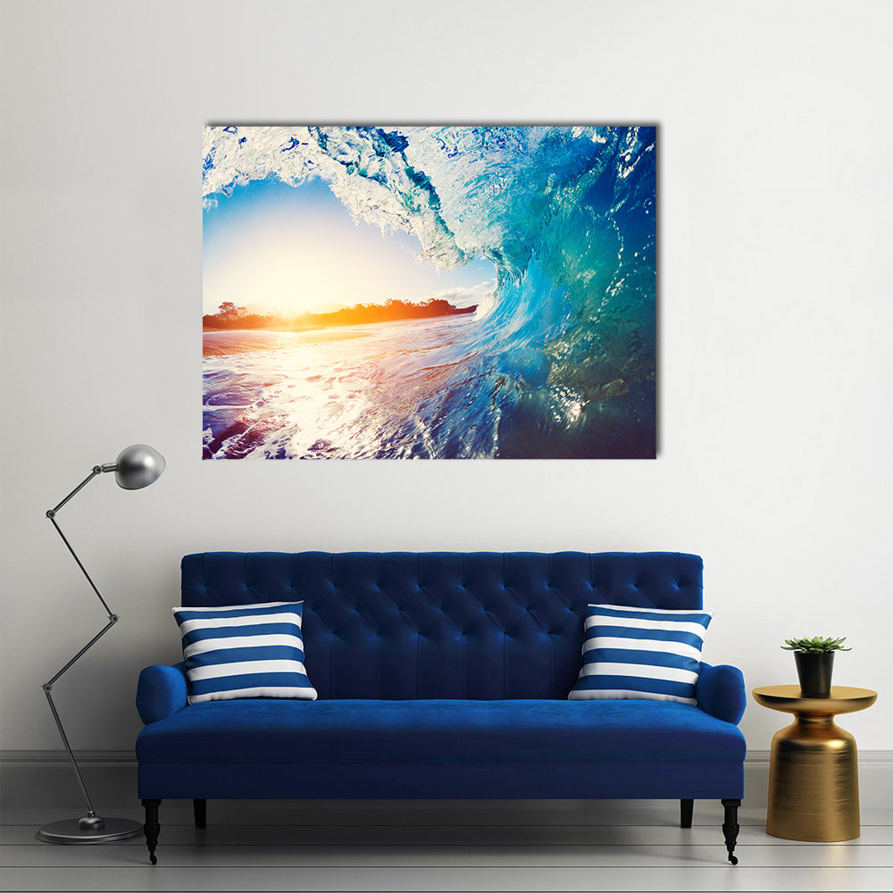 Blue Ocean Wave Crashing at Sunrise multi panel canvas wall art