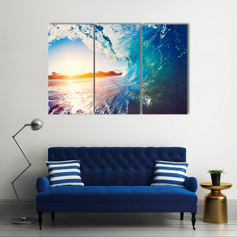 Blue Ocean Wave Crashing at Sunrise multi panel canvas wall art