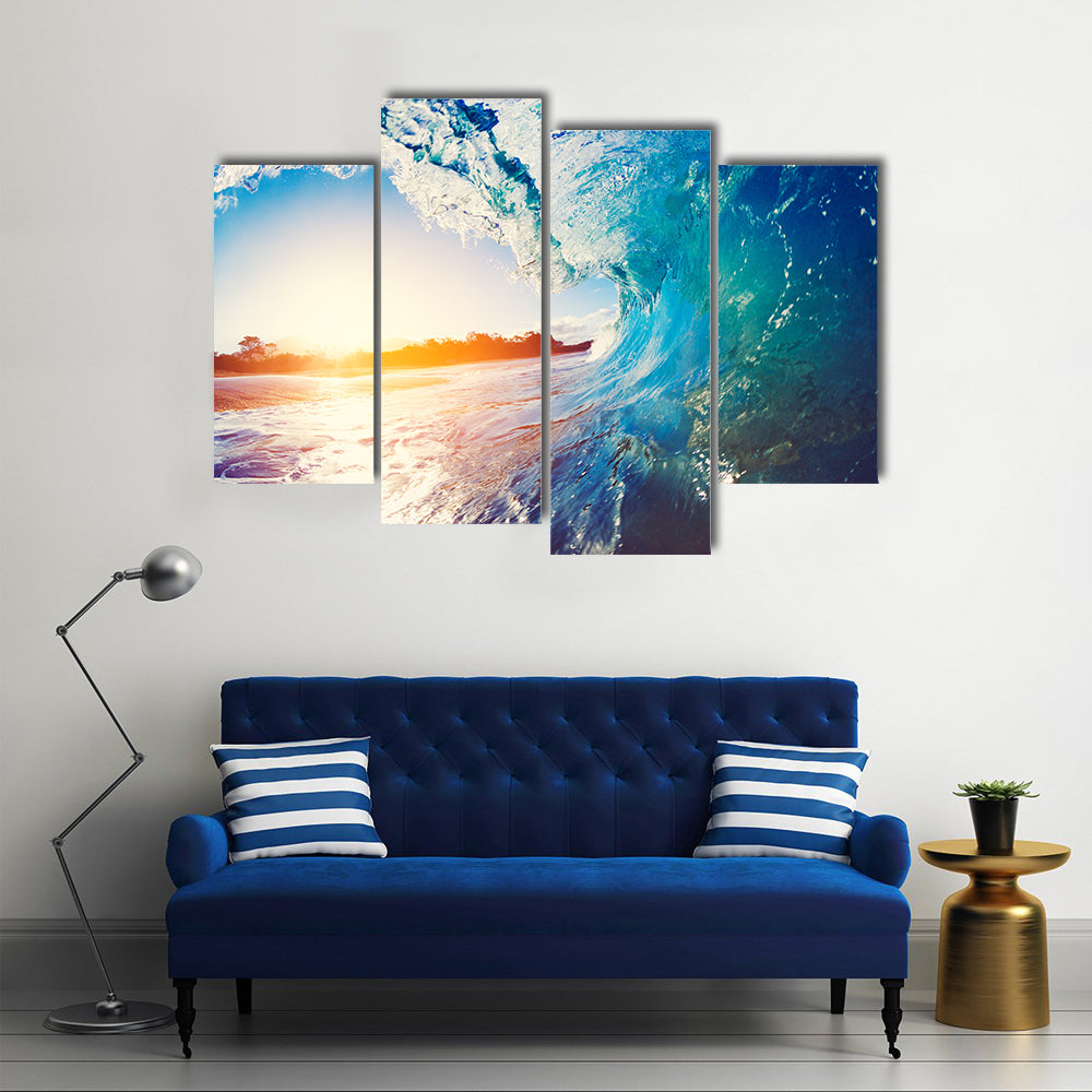 Blue Ocean Wave Crashing at Sunrise multi panel canvas wall art