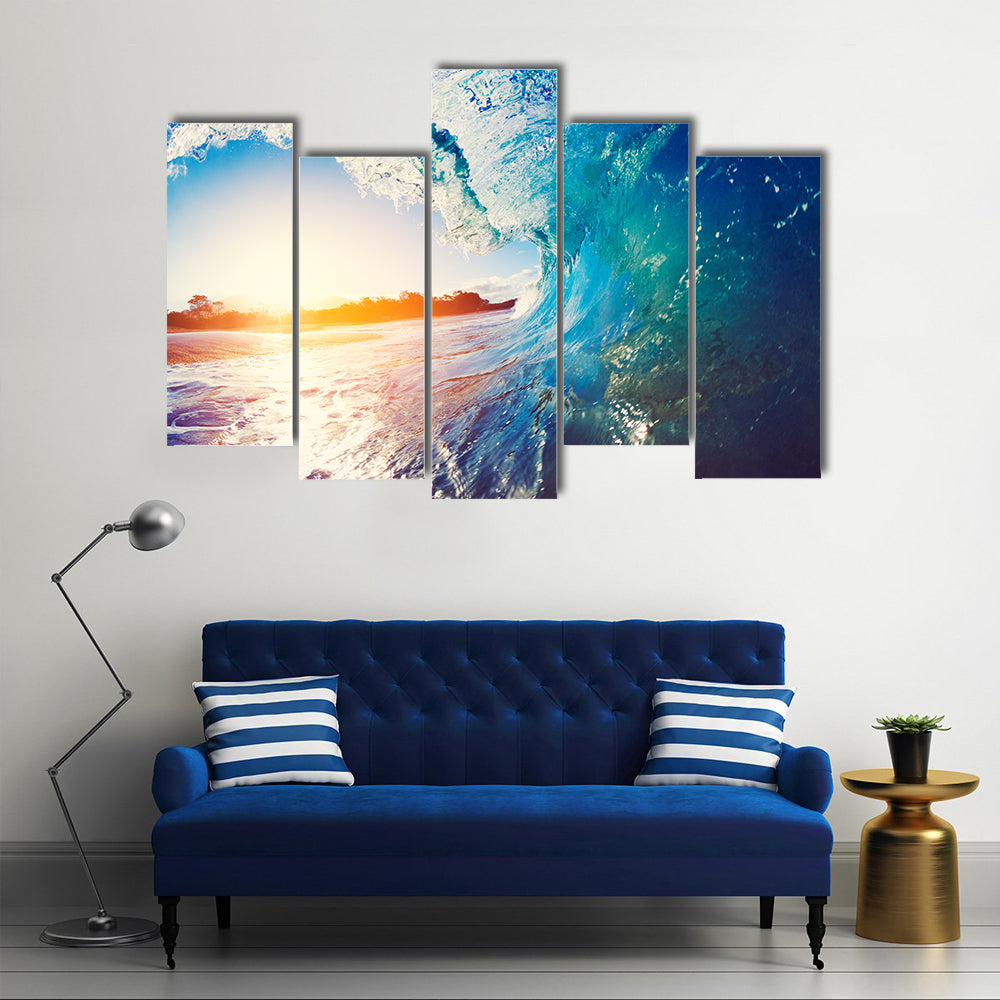 Blue Ocean Wave Crashing at Sunrise multi panel canvas wall art