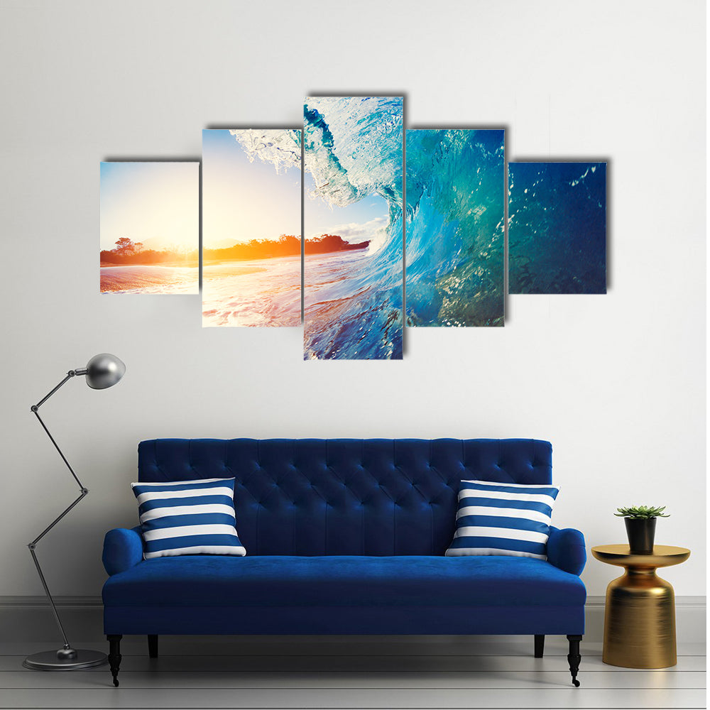 Blue Ocean Wave Crashing at Sunrise multi panel canvas wall art
