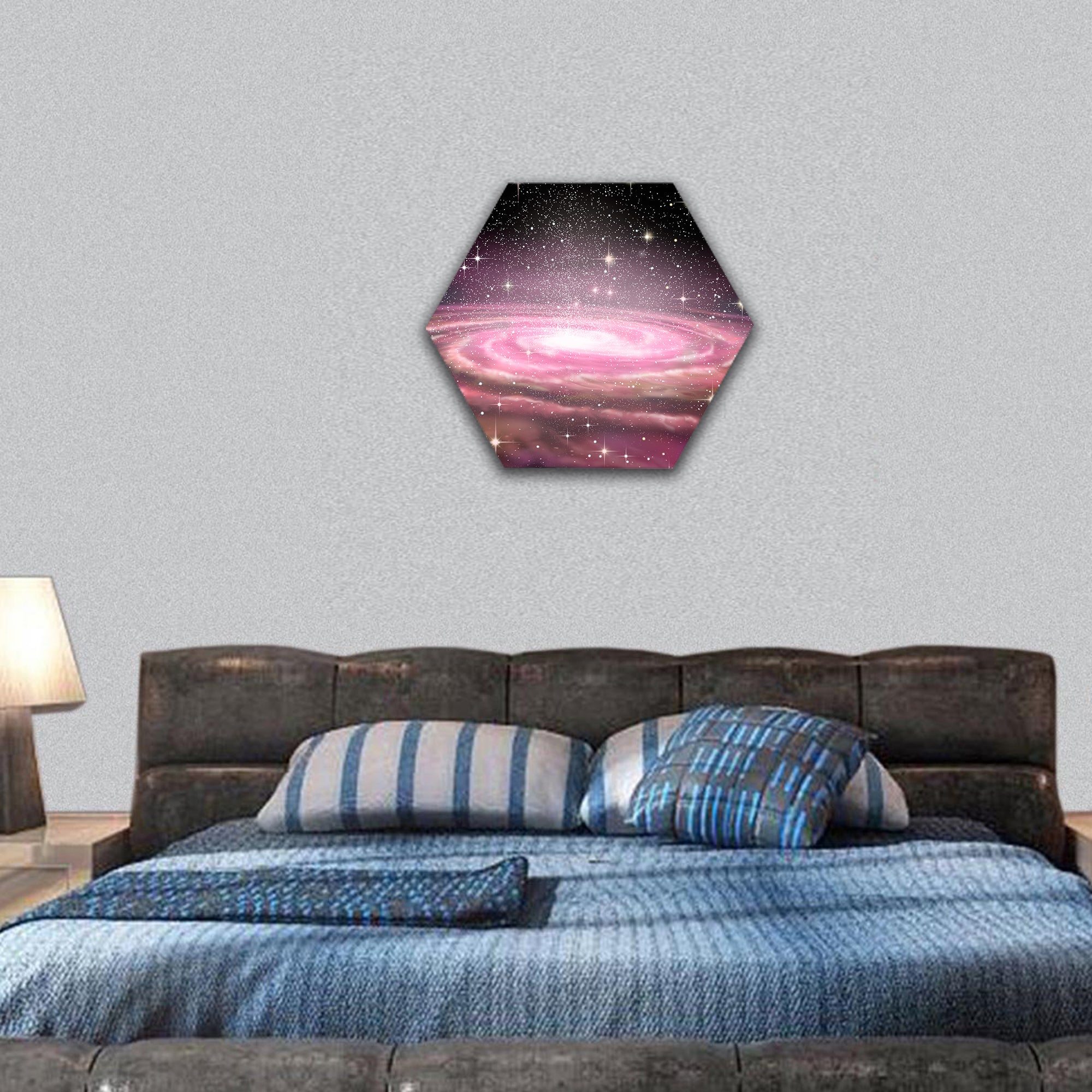 Spiral Galaxy in deep space, 3D illustration hexagonal canvas wall art