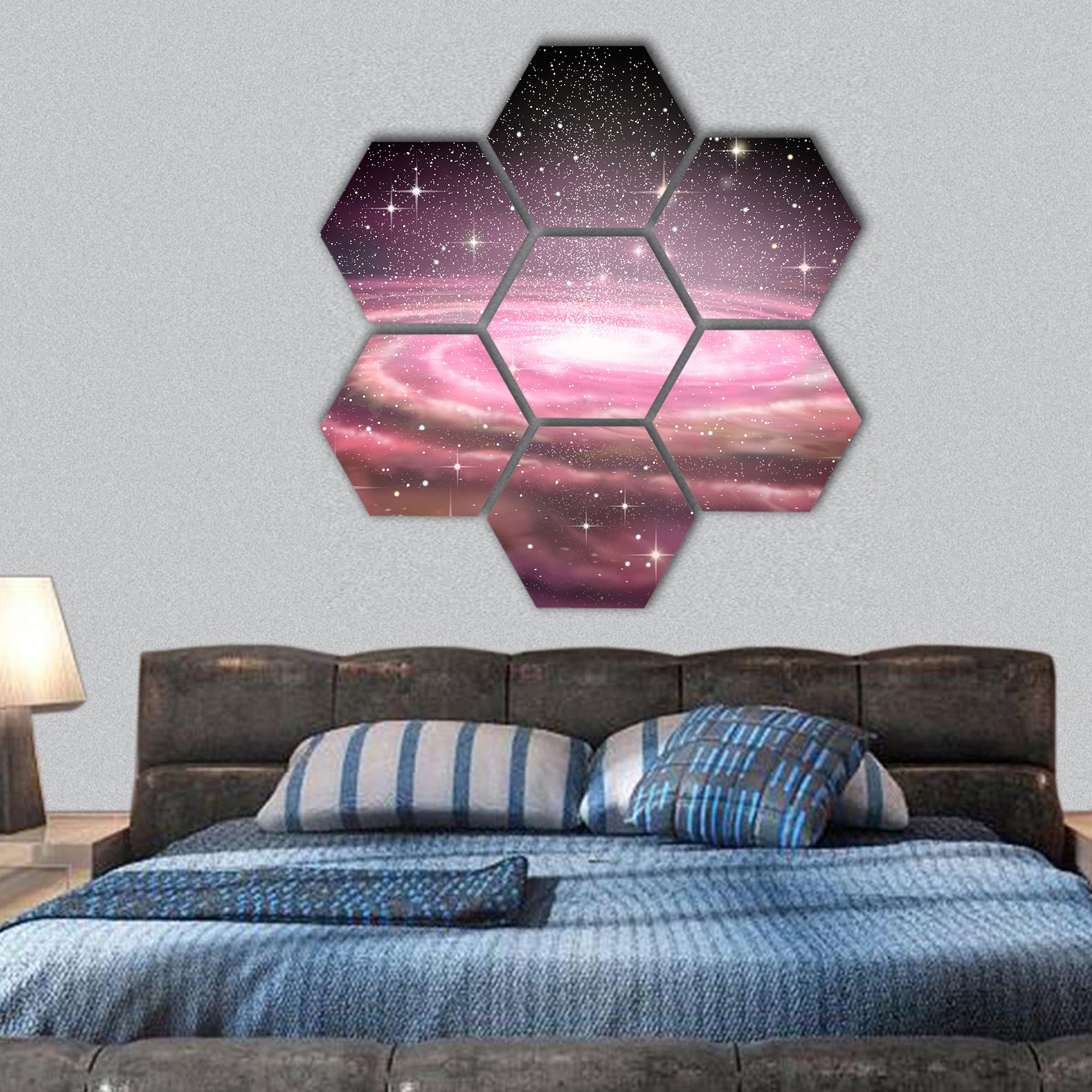 Spiral Galaxy in deep space, 3D illustration hexagonal canvas wall art