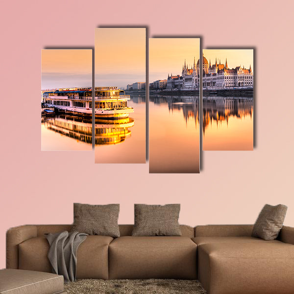 View of Budapest parliament at sunrise, Hungary multi panel canvas wall art