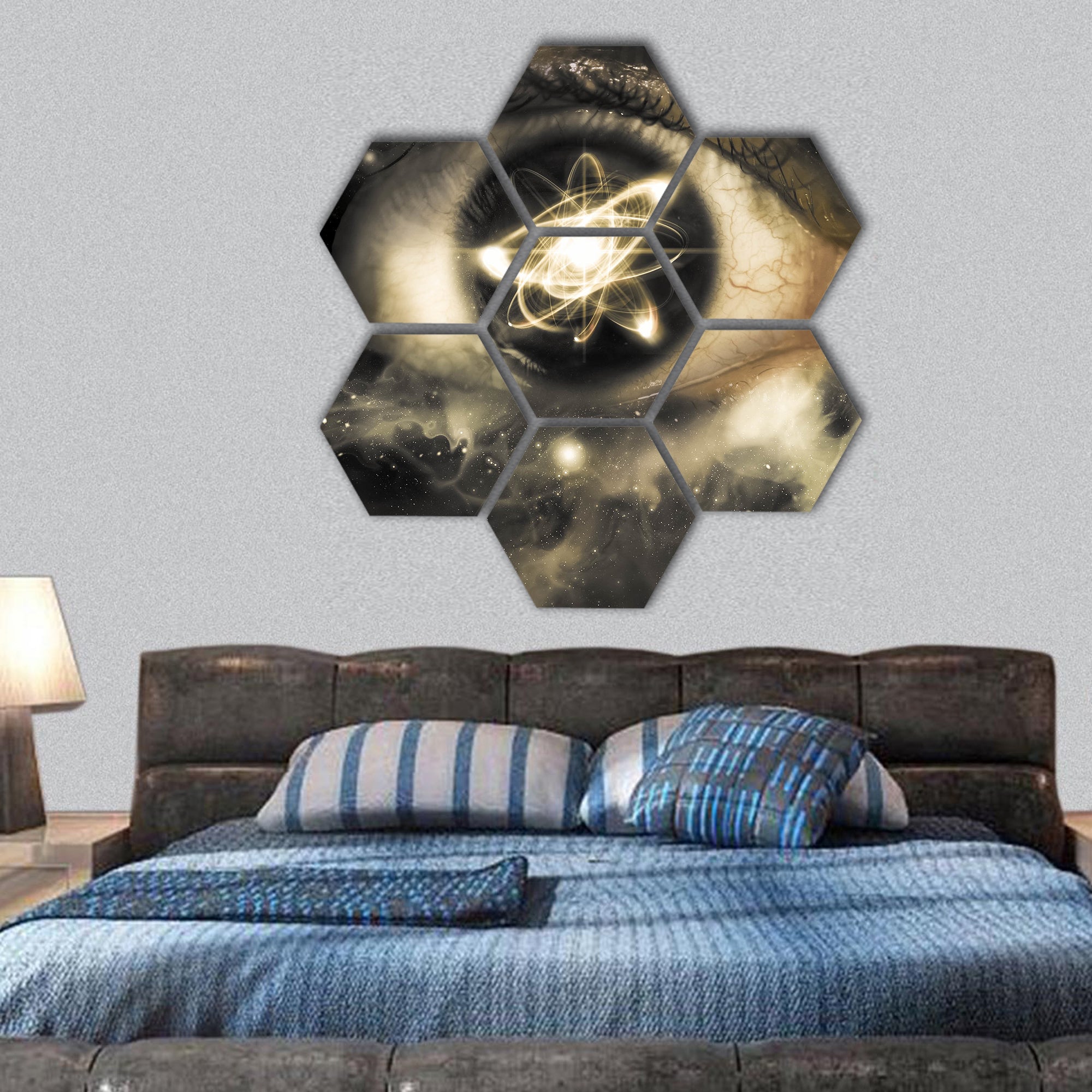 Pupil of an eye for physics background hexagonal canvas wall art