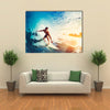 Surfer on Blue Ocean Wave Getting Barreled at Sunrise Multi Panel Canvas Wall Art