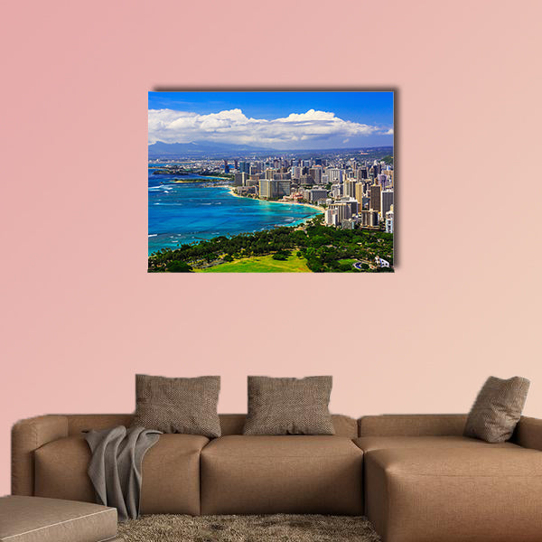 Skyline of Honolulu, Hawaii and the surrounding area including wall art
