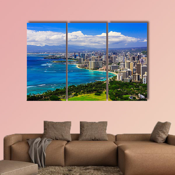 Skyline of Honolulu, Hawaii and the surrounding area including wall art