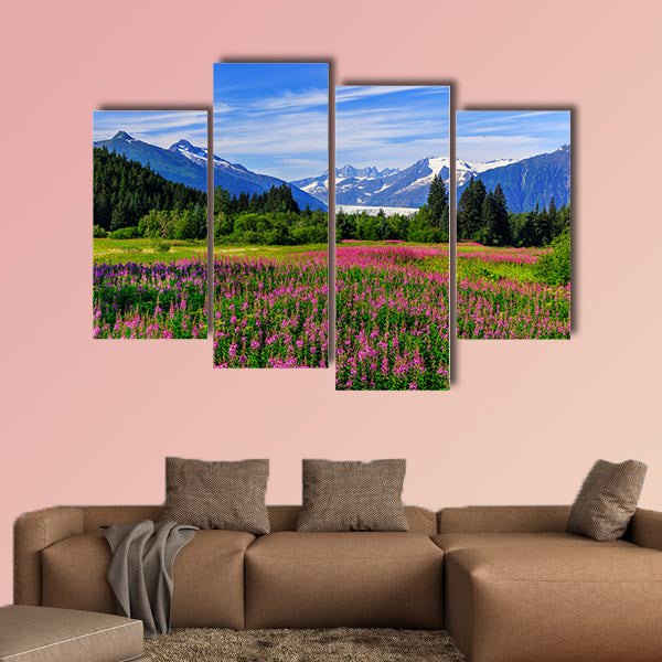 Mendenhall Glacier Viewpoint with Fireweed in bloom. Juneau, Alaska multi panel canvas wall art