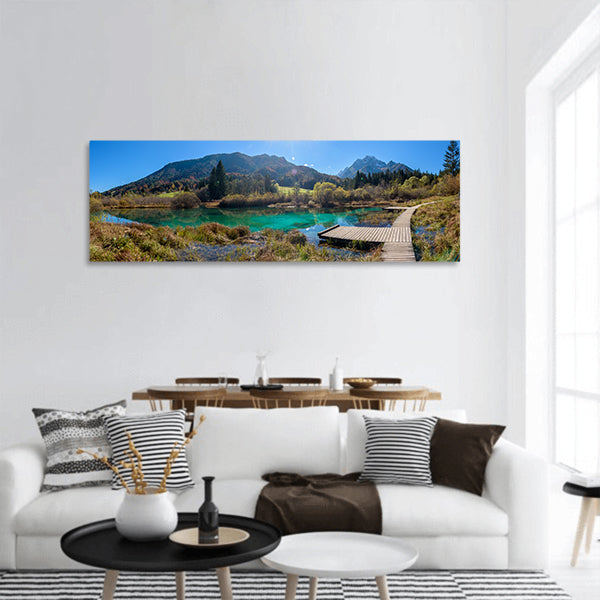 Zelenci Lake with mountains and sun  in Slovenia Panoramic Canvas Wall Art