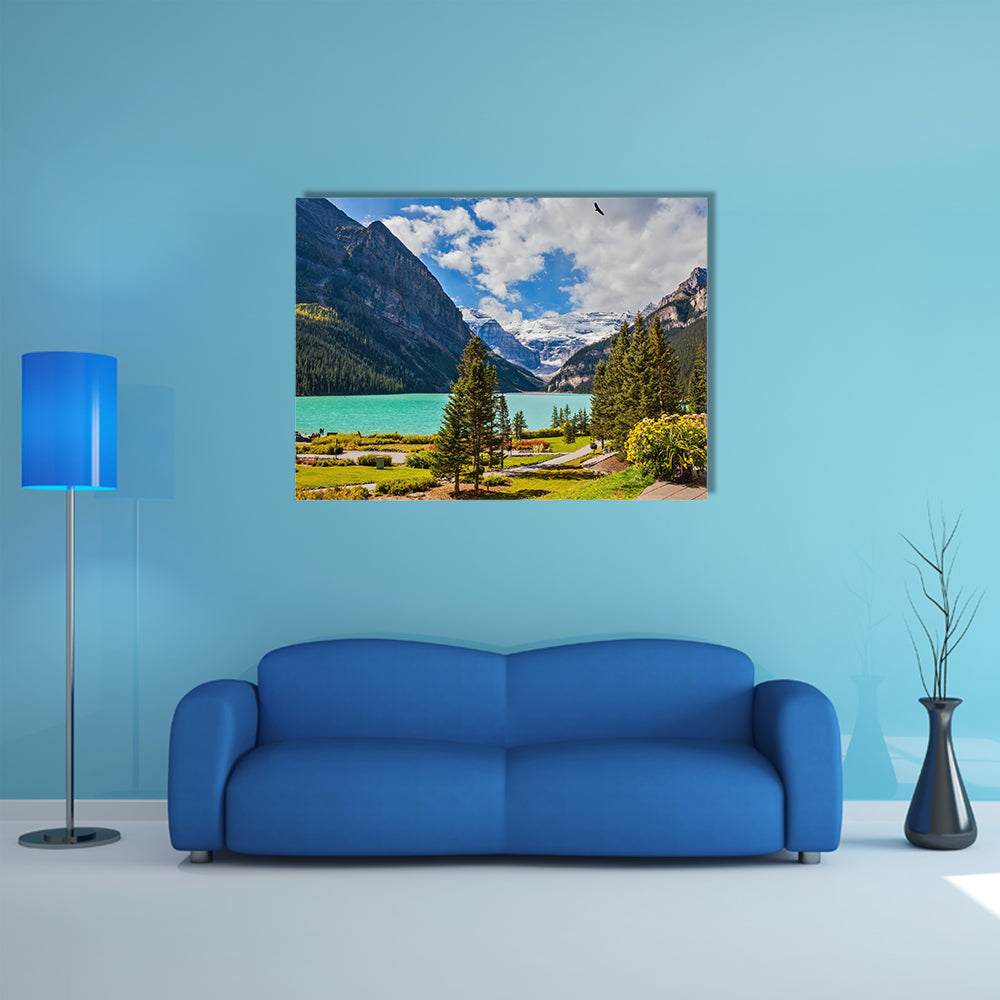 Flowers on the mountain glacial Lake Louise multi panel canvas wall art