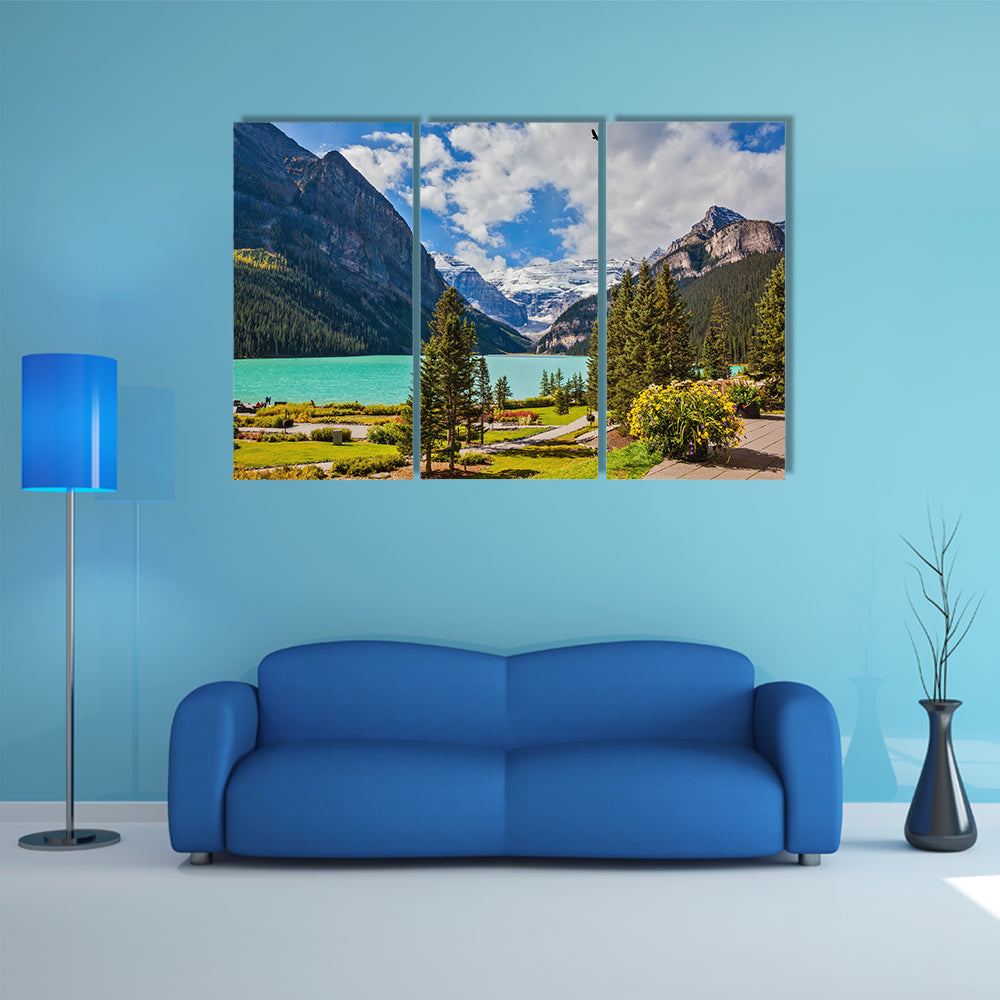Flowers on the mountain glacial Lake Louise multi panel canvas wall art