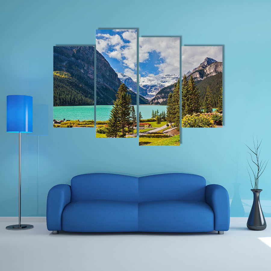 Flowers on the mountain glacial Lake Louise multi panel canvas wall art