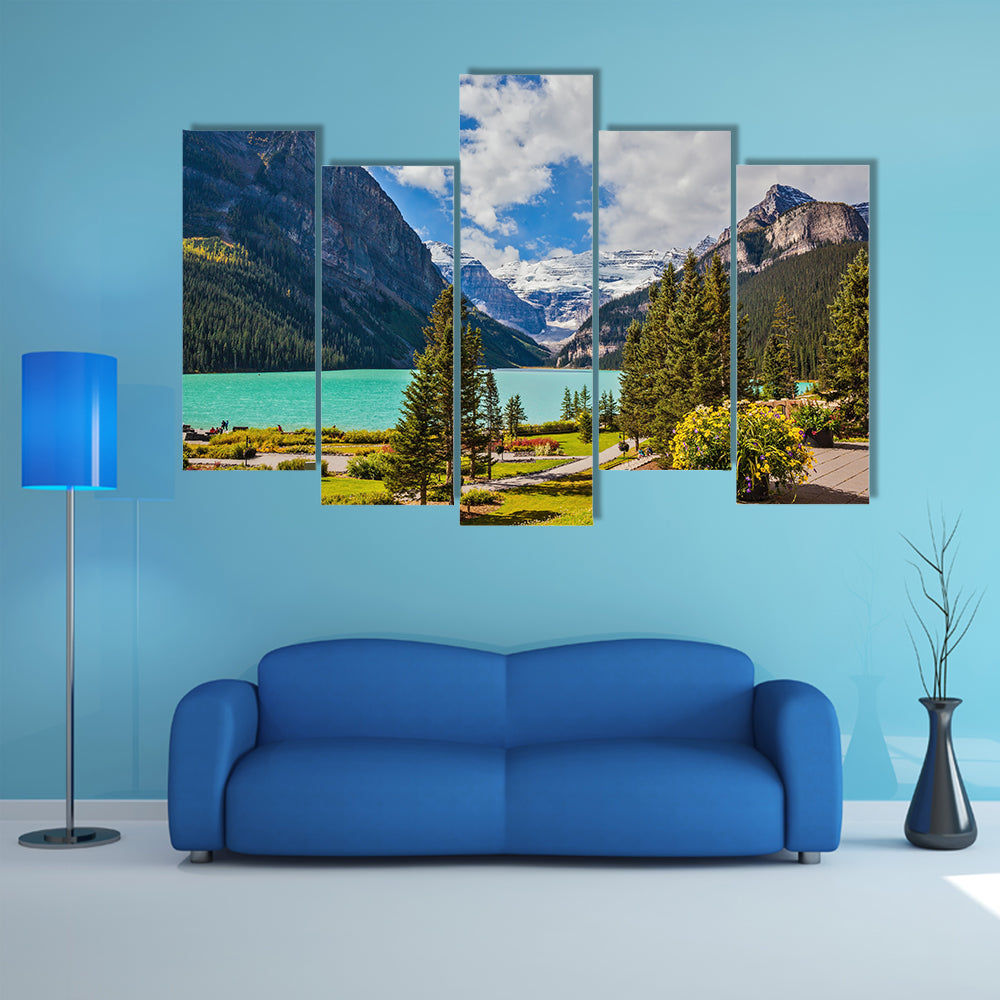 Flowers on the mountain glacial Lake Louise multi panel canvas wall art
