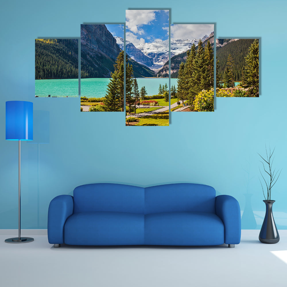 Flowers on the mountain glacial Lake Louise multi panel canvas wall art