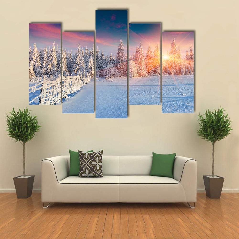 Colorful winter panorama in the Carpathian mountains multi panel canvas wall art