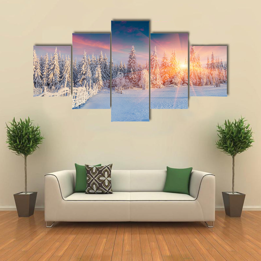 Colorful winter panorama in the Carpathian mountains multi panel canvas wall art