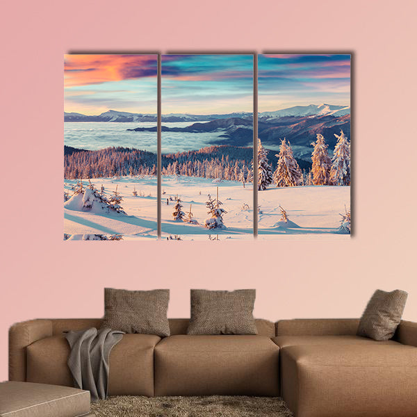 Colorful winter panorama of snowy mountains Multi panel canvas wall art