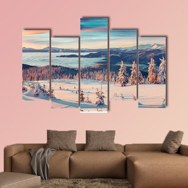 Colorful winter panorama of snowy mountains Multi panel canvas wall art