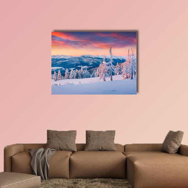 Colorful winter sunrise in the snowy mountains multi panel canvas wall art