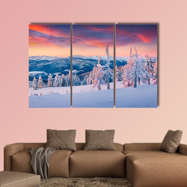 Colorful winter sunrise in the snowy mountains multi panel canvas wall art