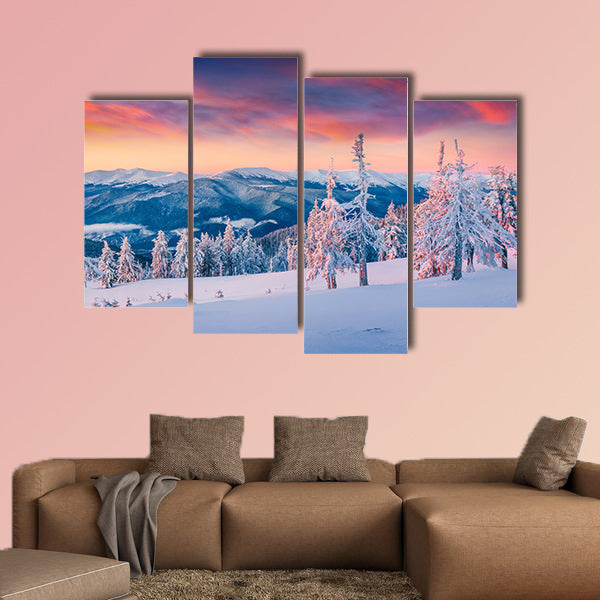 Colorful winter sunrise in the snowy mountains multi panel canvas wall art