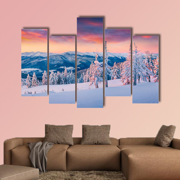 Colorful winter sunrise in the snowy mountains multi panel canvas wall art