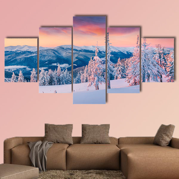 Colorful winter sunrise in the snowy mountains multi panel canvas wall art