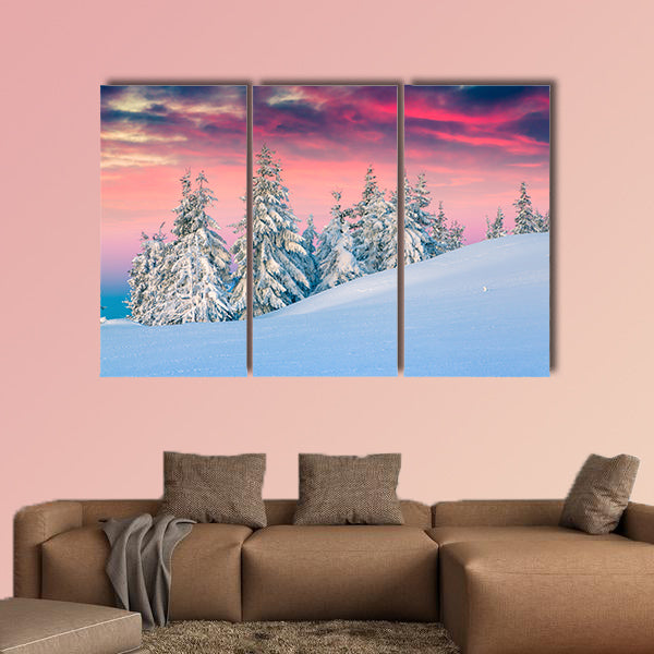 Colorful winter scene in the snowy mountains Multi panel canvas wall art