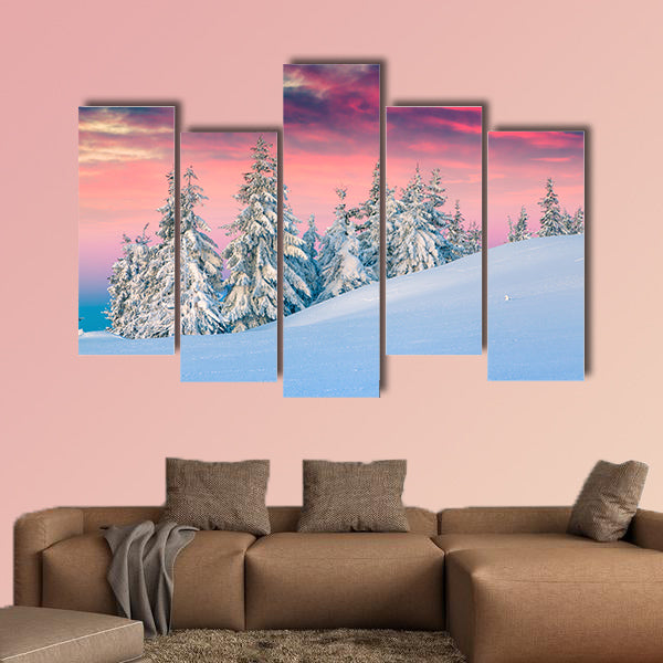 Colorful winter scene in the snowy mountains Multi panel canvas wall art