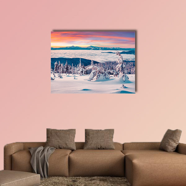 Foggy winter sunrise in the snowy mountain multi panel canvas wall art
