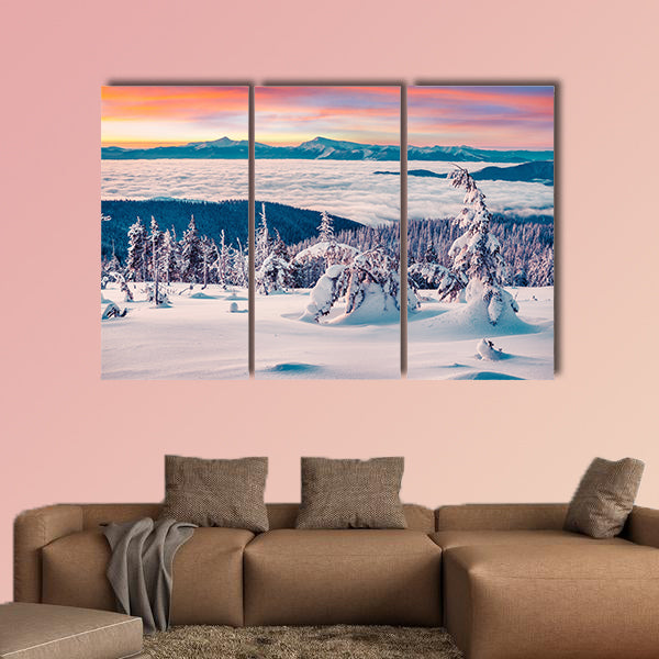 Foggy winter sunrise in the snowy mountain multi panel canvas wall art