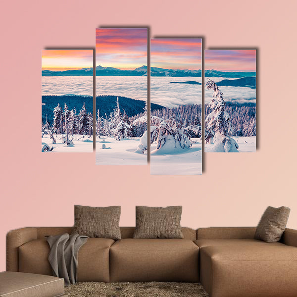 Foggy winter sunrise in the snowy mountain multi panel canvas wall art