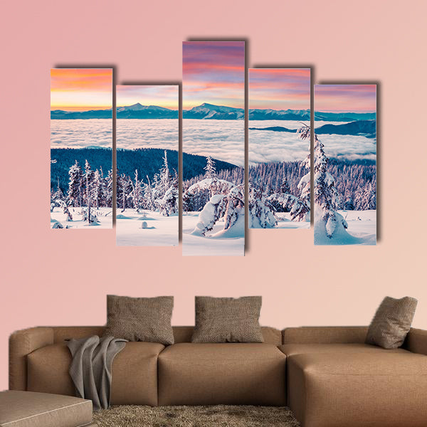 Foggy winter sunrise in the snowy mountain multi panel canvas wall art