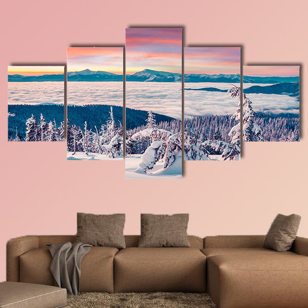 Foggy winter sunrise in the snowy mountain multi panel canvas wall art