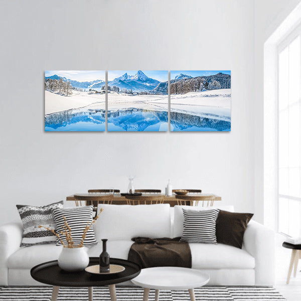 Beautiful white winter wonderland scenery panoramic canvas wall art.