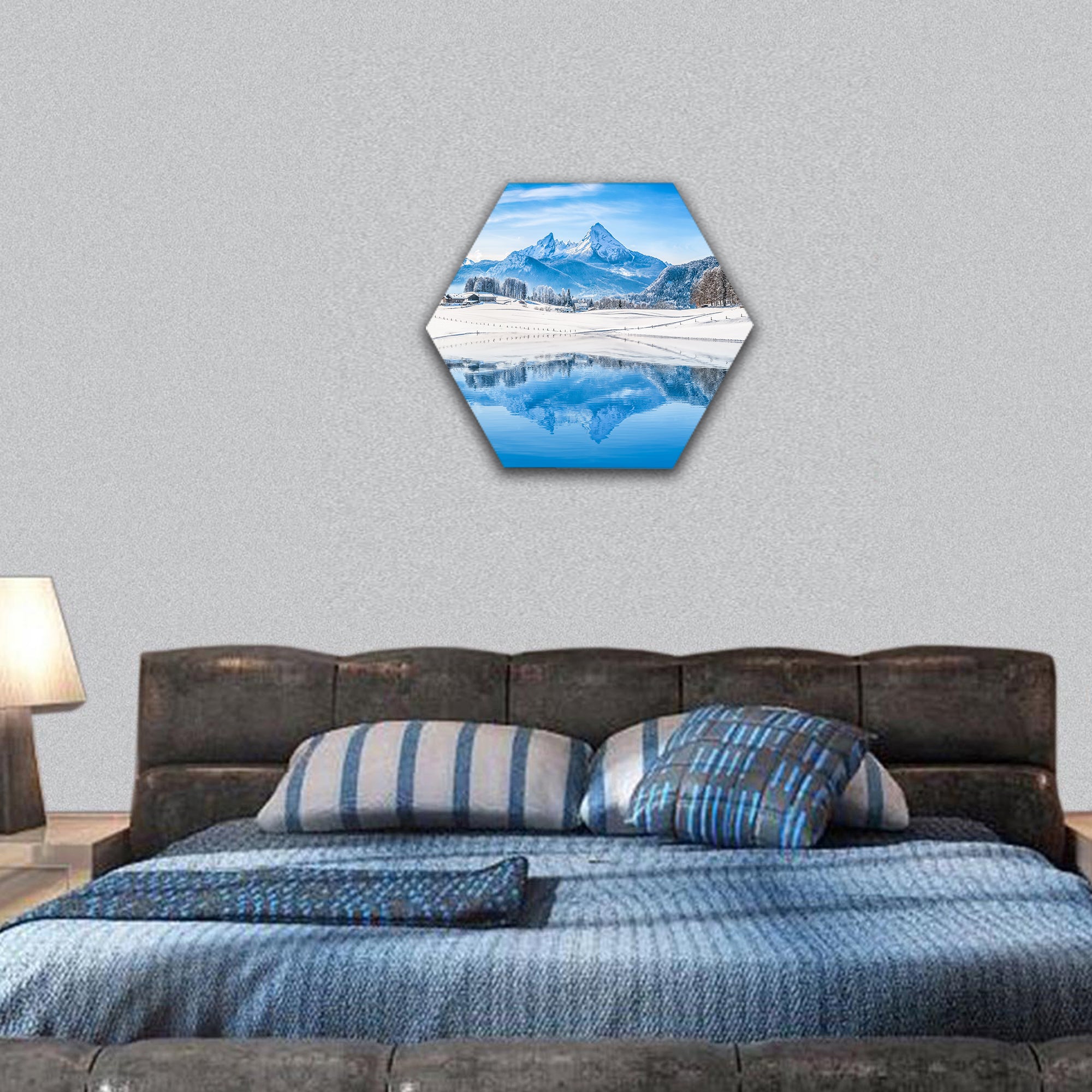Winter scenery in the Alps with snowy mountain hexagonal canvas wall art