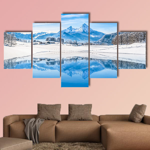 Winter wonderland scenery in the Alps with snowy mountain wall art