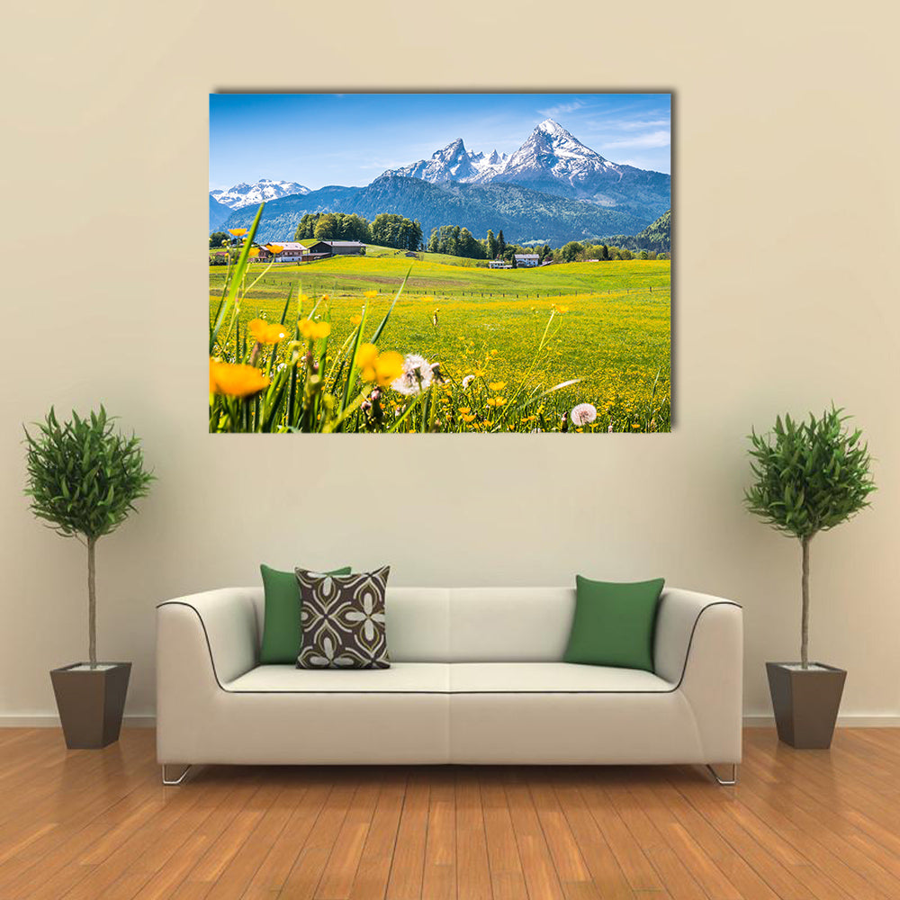 Idyllic landscape Alps green meadows, mountain tops multi panel canvas wall art