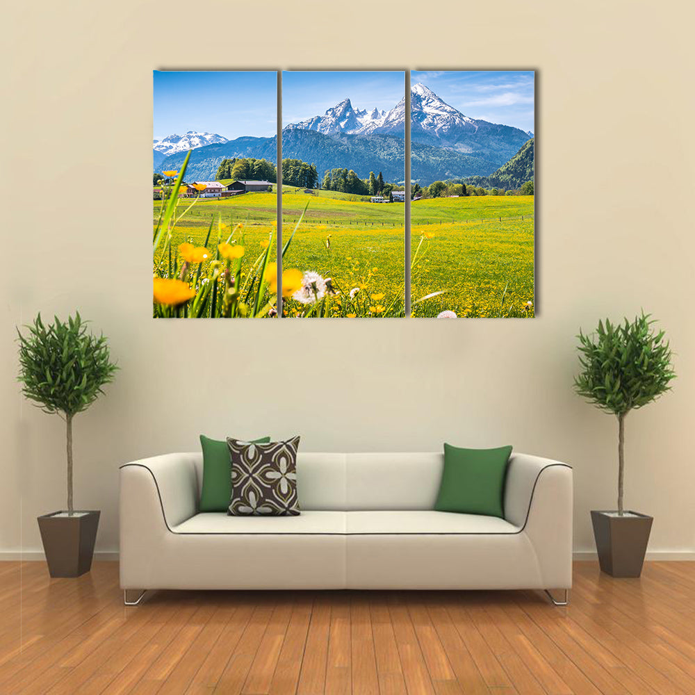 Idyllic landscape Alps green meadows, mountain tops multi panel canvas wall art