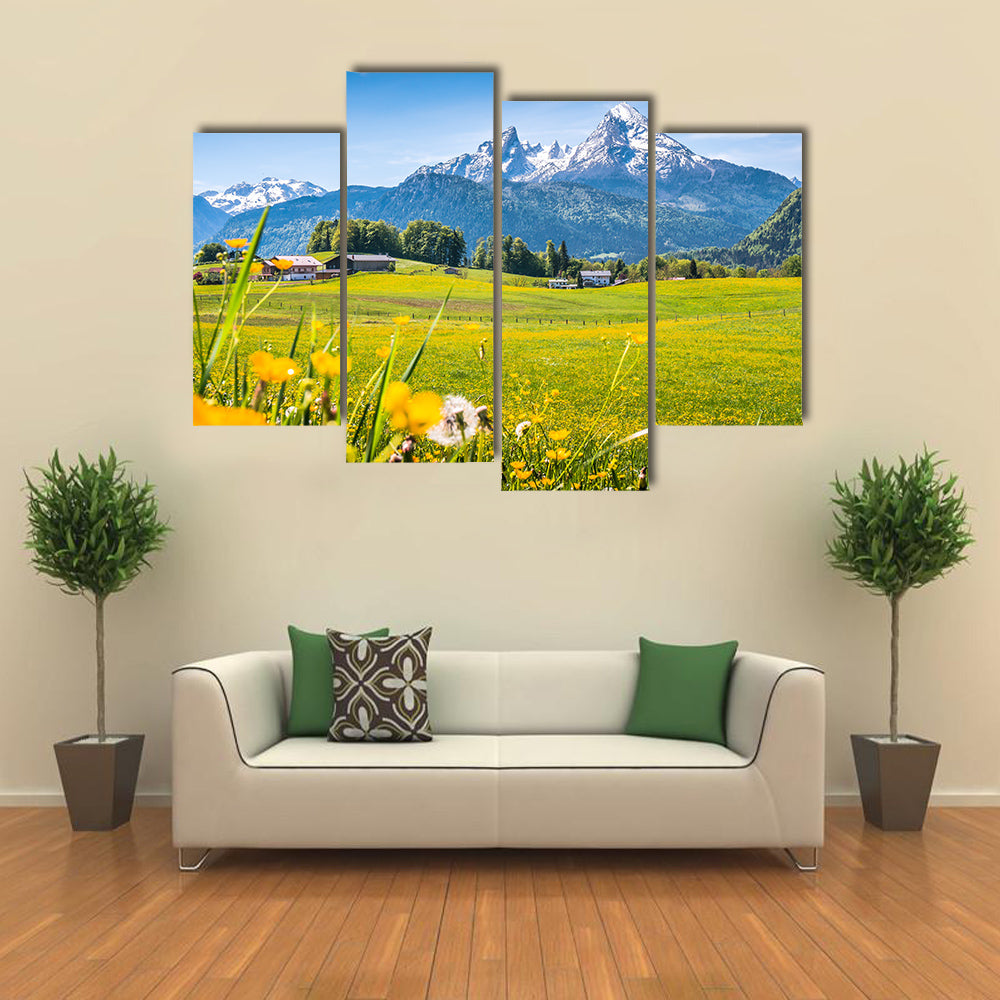 Idyllic landscape Alps green meadows, mountain tops multi panel canvas wall art