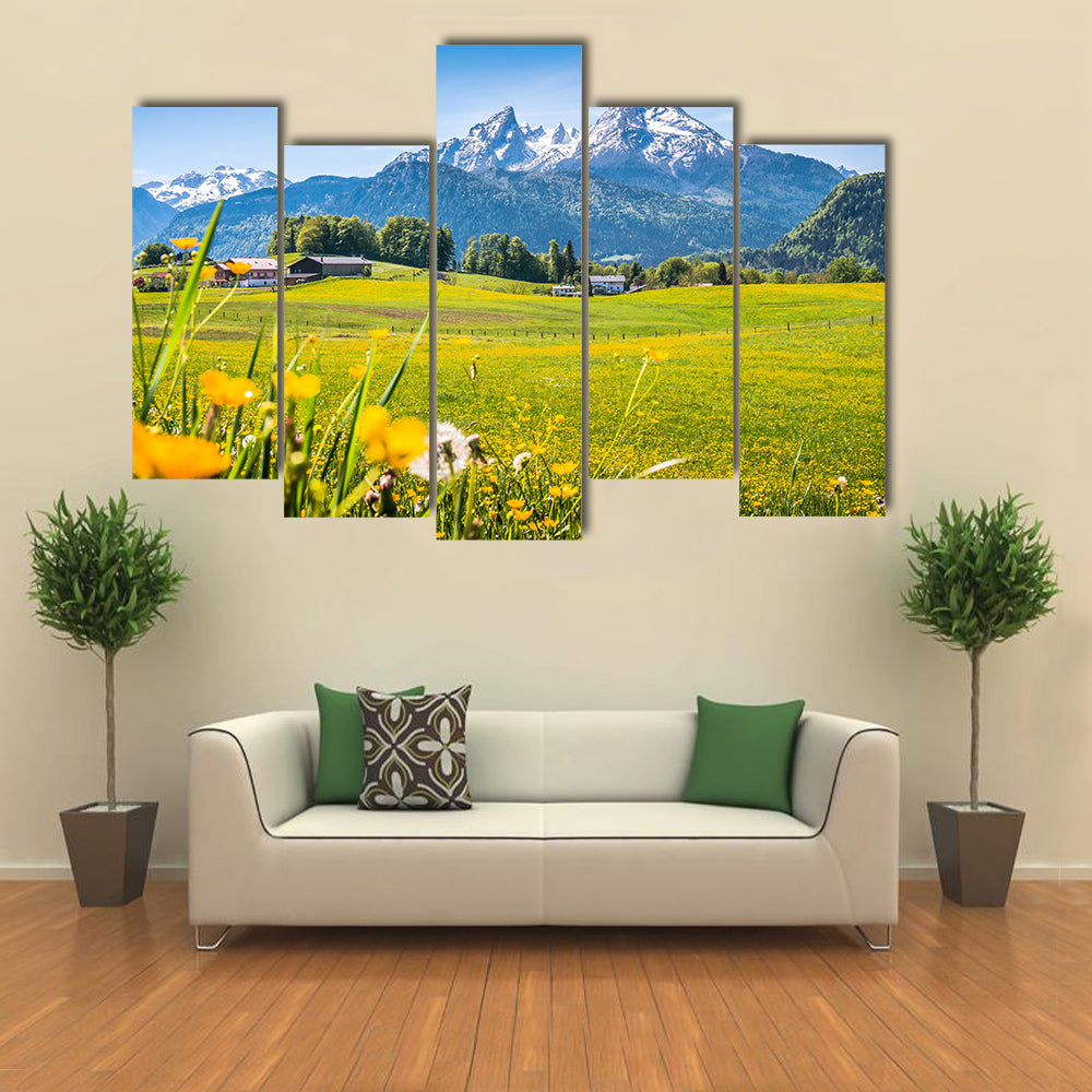 Idyllic landscape Alps green meadows, mountain tops multi panel canvas wall art