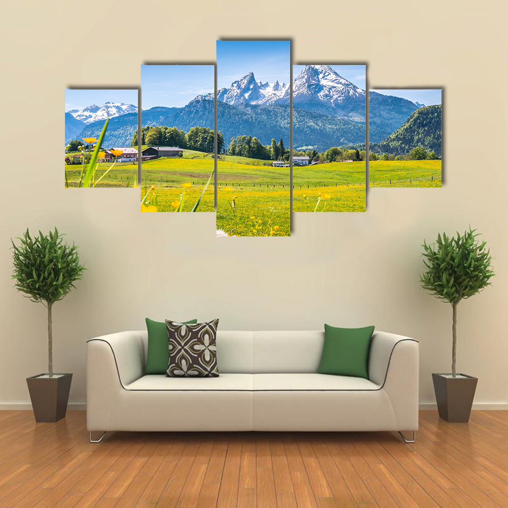Idyllic landscape Alps green meadows, mountain tops multi panel canvas wall art