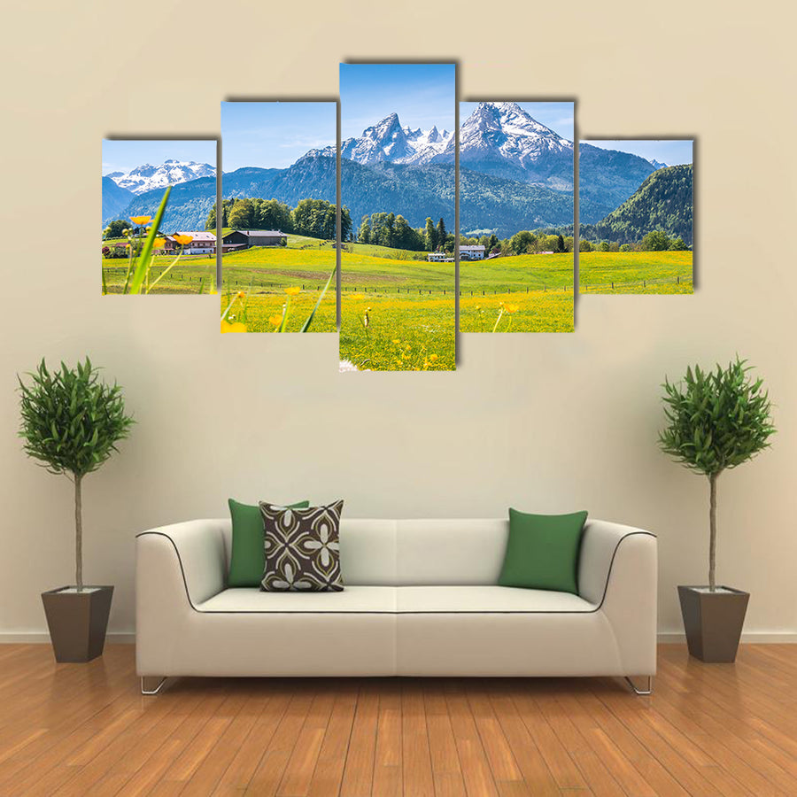 Idyllic landscape Alps green meadows, mountain tops multi panel canvas wall art