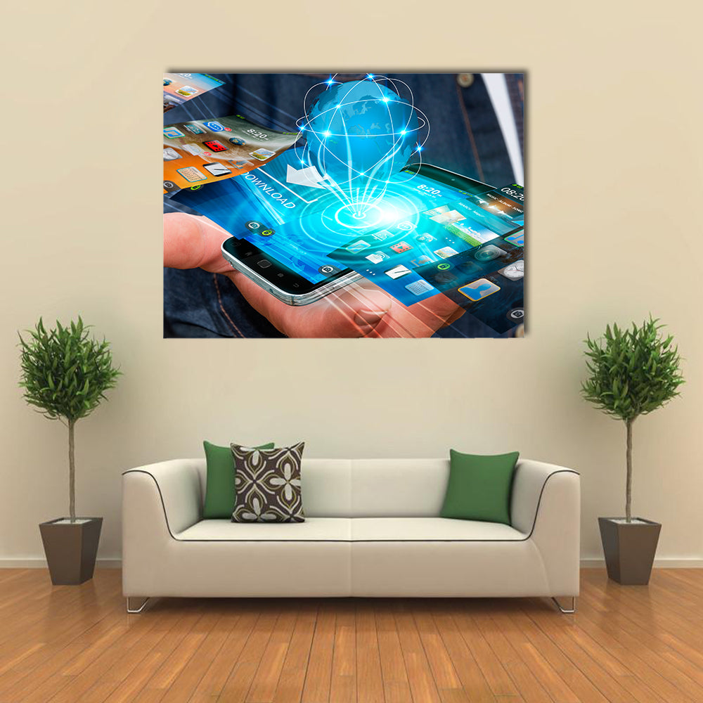 Businessman with modern mobile phone in his hand switching pictures Multi panel canvas wall art
