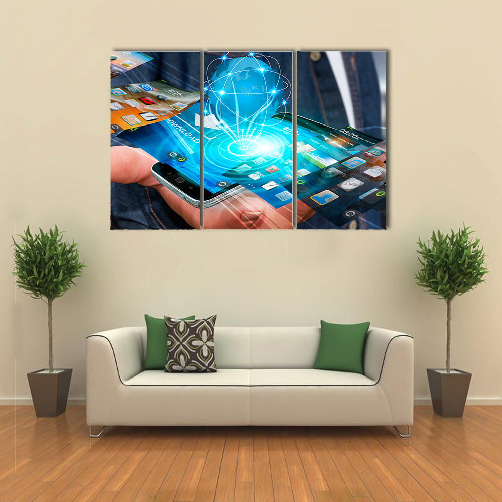 Businessman with modern mobile phone in his hand switching pictures Multi panel canvas wall art