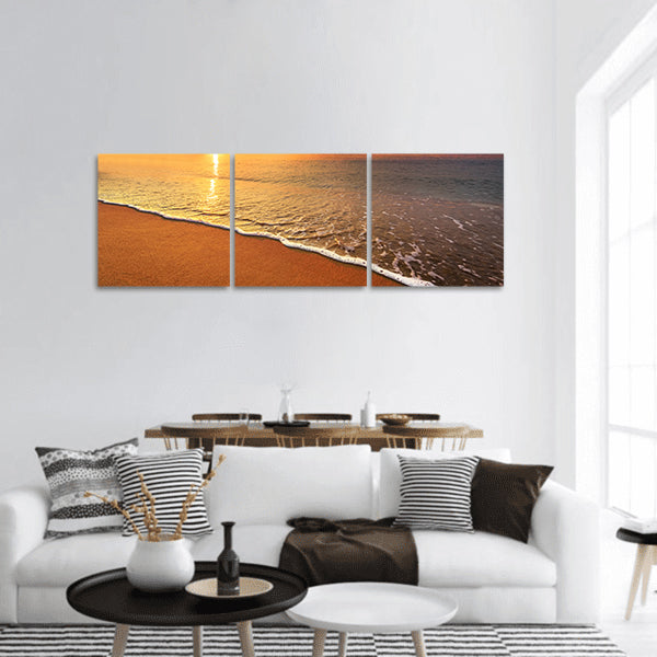 Beautiful tropical sunrise on the beach panoramic canvas wall art.